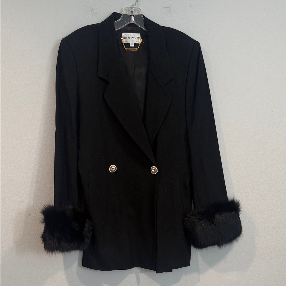 Lily & Taylor Black Wool Blazer with Gold Buttons and Fox Fur Cuffs